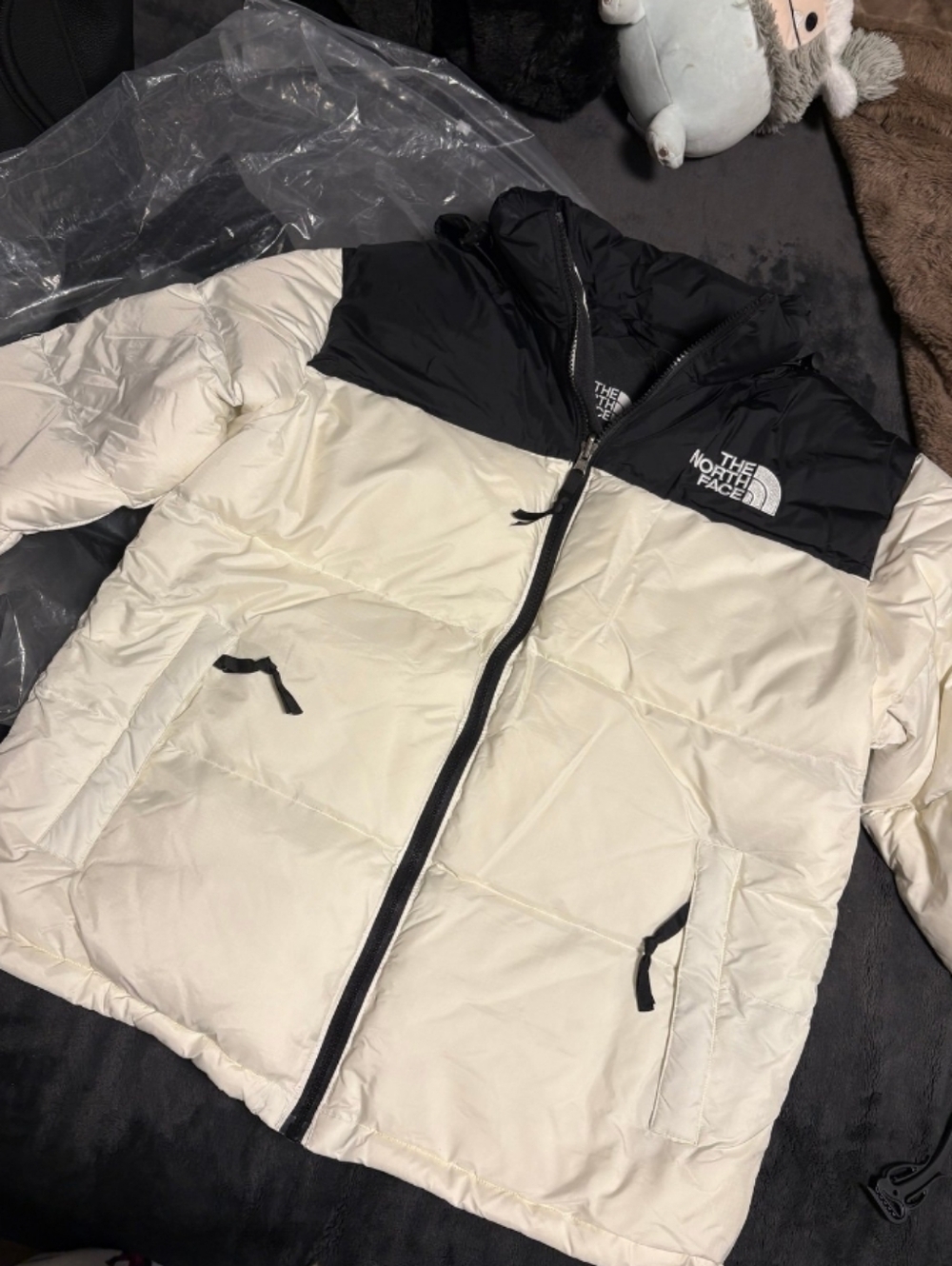 The North Face Two-Tone Puffer Jacket in Cream and Black